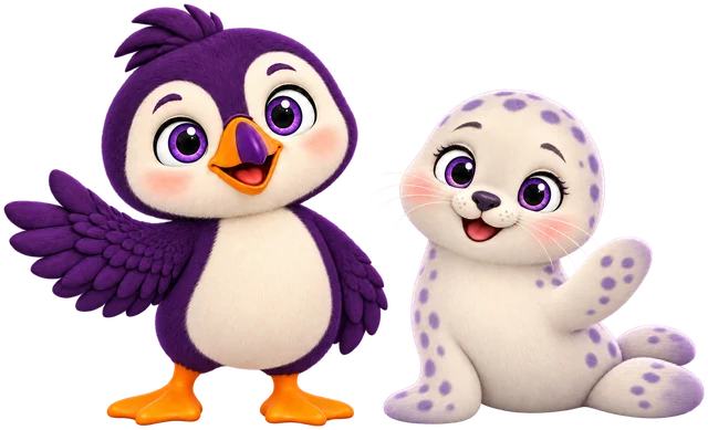 Finn the puffin and Loop the seal waving hello