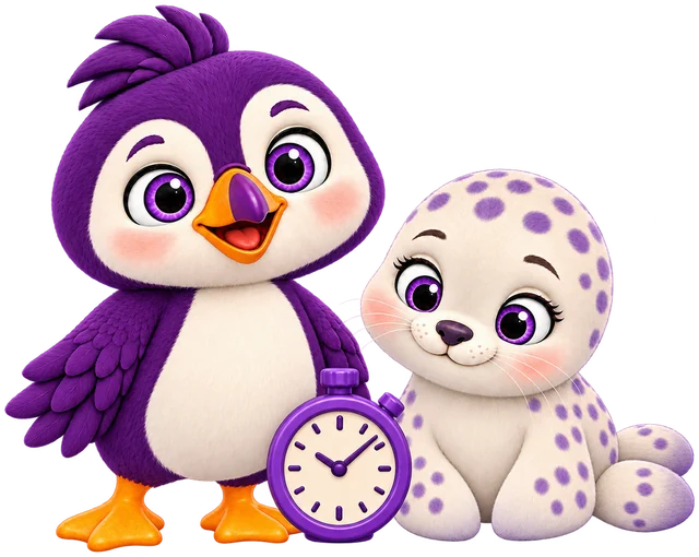 Finn the puffin and Loop the seal with a stopwatch