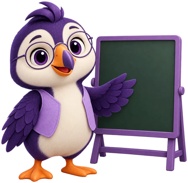 Finn the puffin in front of a blackboard