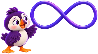 Finn, the puffin, pointing at an infinity loop