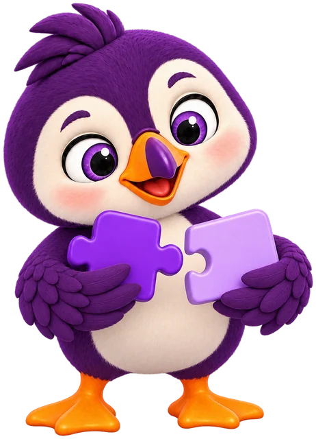 Finn the puffin with two puzzle pieces