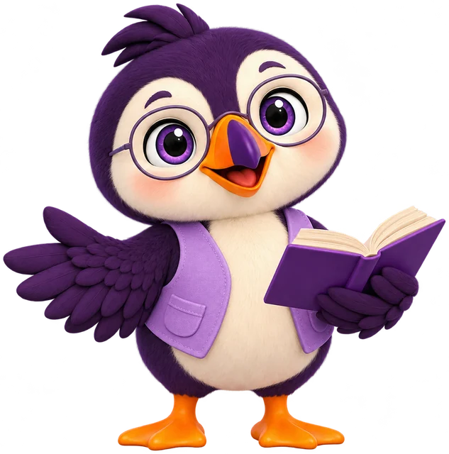 Finn the puffin with glasses and a book, your vocabulary teacher