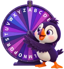 Finn the puffin spinning a wheel of letters